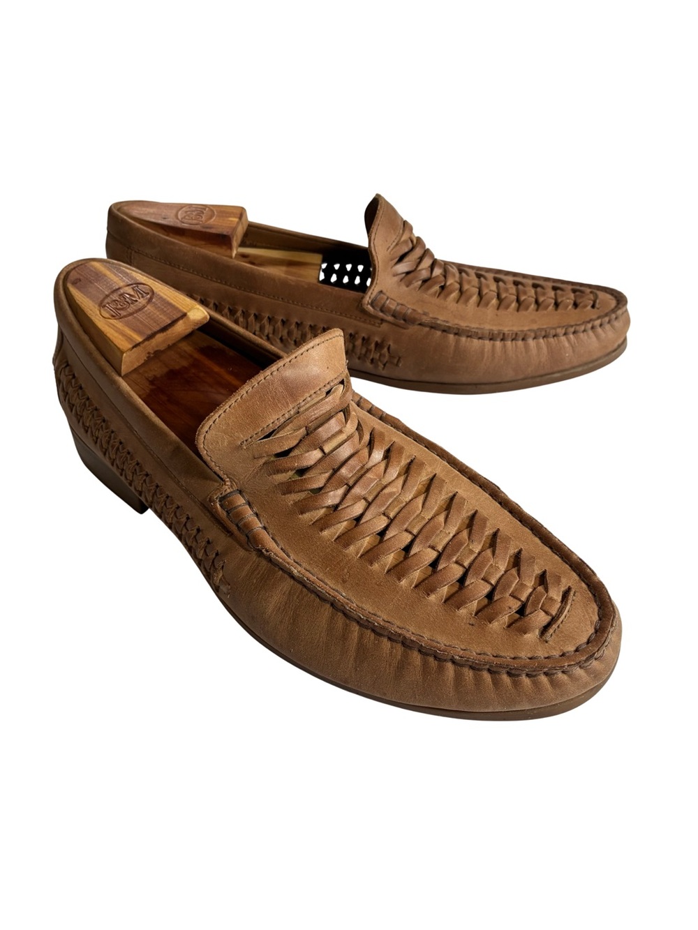 Men’s 8.5M Johnston & Murphy Woven Sheepskin Loafers Tan Brown Leather Slip Ons